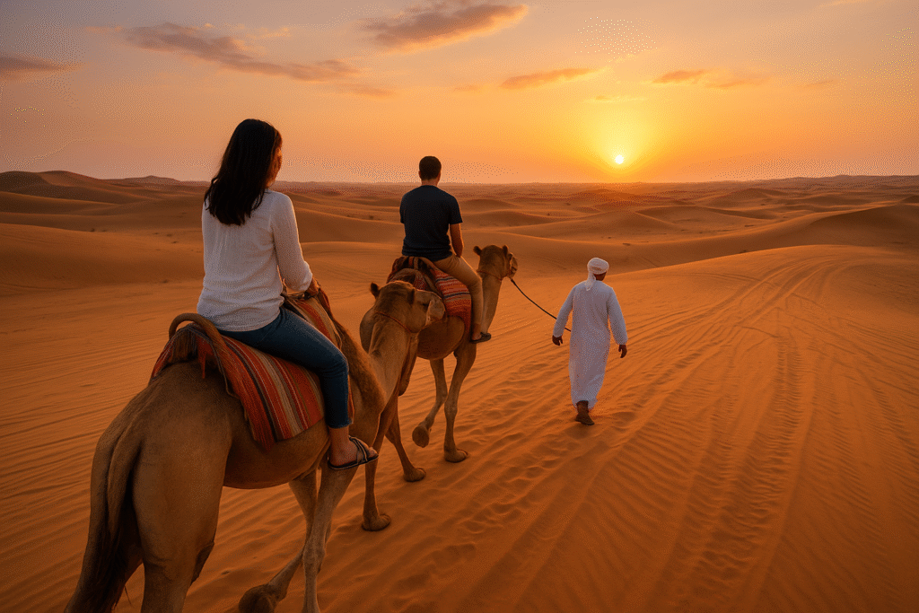 Camel caravan journeying through the golden dunes of Dubai